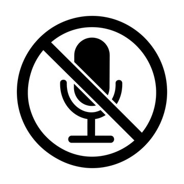 Black and white prohibition symbol featuring a microphone crossed out inside a circle for no recording or speaking.