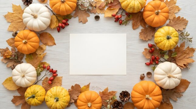 Festive thanksgiving background with pumpkins and autumn leaves perfect for holiday invitations