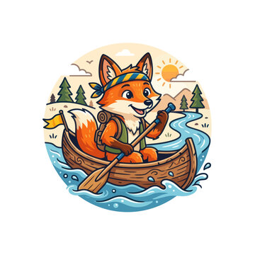 Cute fox in a canoe on a river