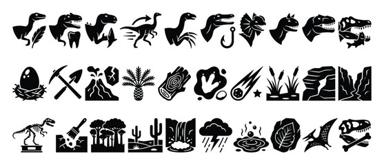Fototapeta premium Set of dinosaur paleontology and prehistoric environment icon shapes for learning resources and natural history presentations