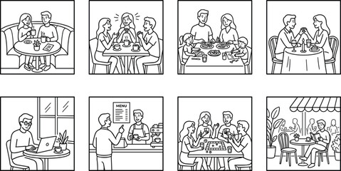 Obraz premium Storyboard depicting social interactions in a restaurant or cafe setting with multiple panels