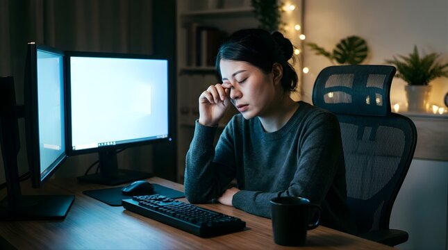 Tired woman rubbing eyes while working late at night on dual computer screens
