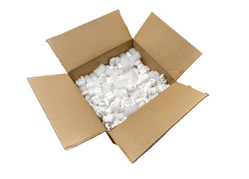 Fill packaging peanuts and bubble pack in a cardboard box, isolated on white background