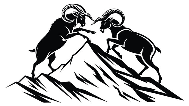 Two bighorn rams fighting on a mountain peak