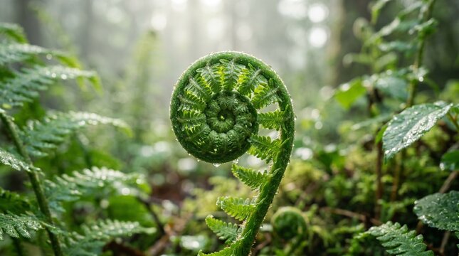 Close-up of a green fern frond unfurling with dew drops in a misty forest environment