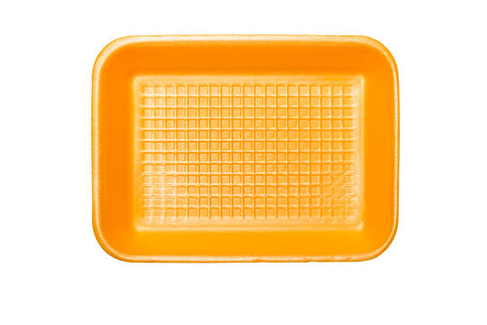 Orange foam tray for food, isolated on white background