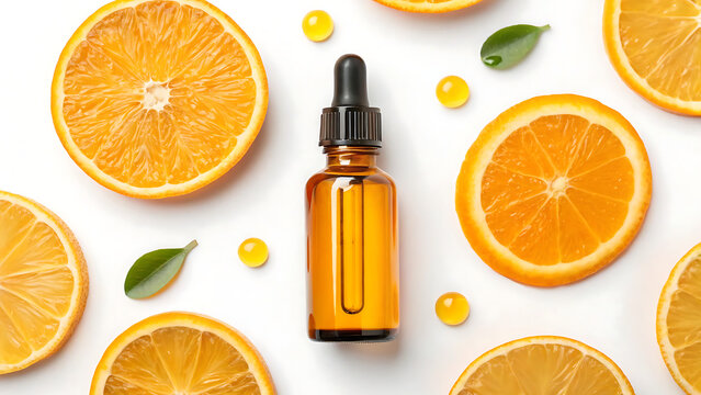 Essential oil dropper bottle with fresh orange slices. Natural citrus aromatherapy and wellness product for skincare and relaxation.