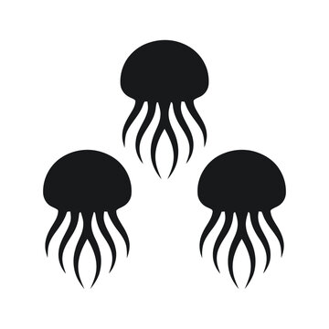 Three black jellyfish silhouettes arranged in a pattern against a white background