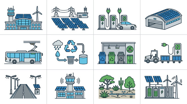 Clean Energy Solutions Illustrated Icons of Sustainable Infrastructure Renewable Power and Eco Friendly Systems