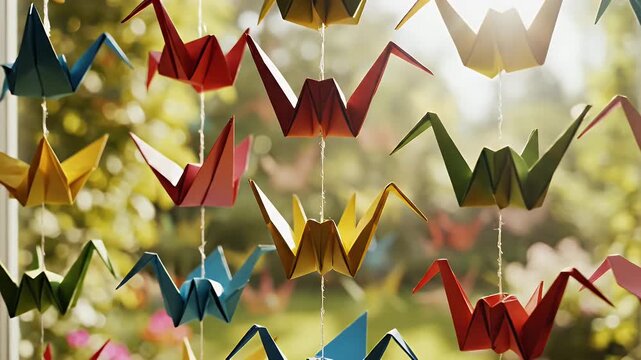 Colorful paper origami cranes hanging on strings.