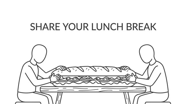Line art illustration of two people sharing a long sandwich during their lunch break.
