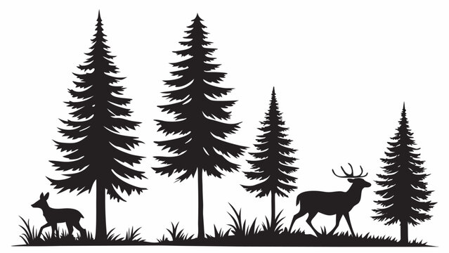 vector illustration of Forest landscape silhouette with pine trees and deer