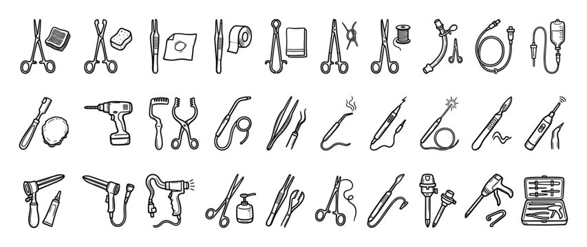 Set of essential medical and surgical tools doodle style for healthcare and hospital use
