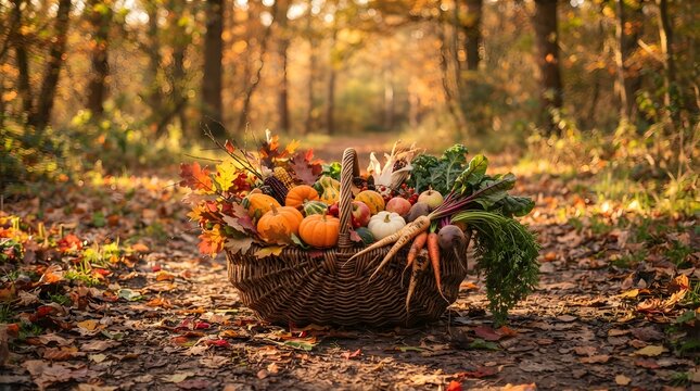 Autumn harvest thanksgiving background basket of fall produce in forest setting