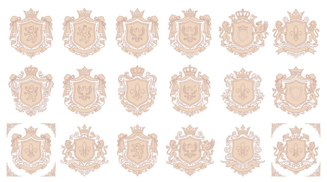 Heraldic Crests Set: Elegant Emblems and Royal Coat of Arms Vector Graphics