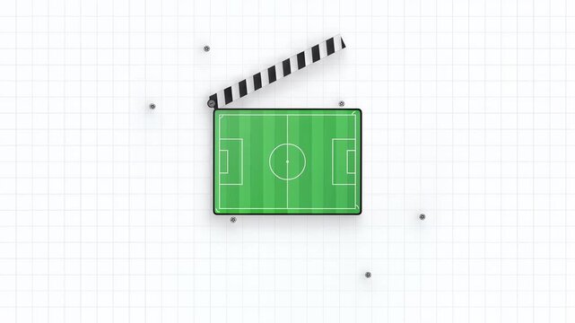 Soccer field with clapperboard overlay, dynamic green grass texture, white boundary lines, center circle, penalty areas, symbolizing sports, competition, and athletic performance
