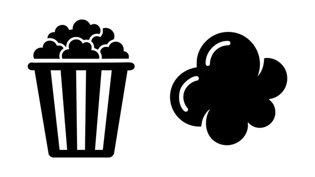 Black popcorn bucket and kernel icons for cinema snacks