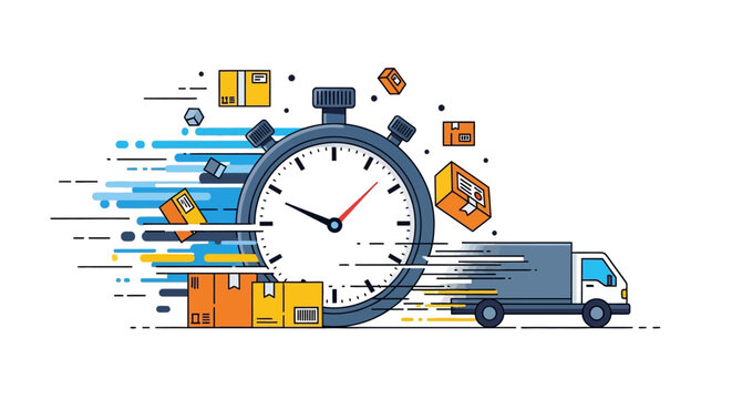 A fast delivery truck moves quickly past a large ticking clock