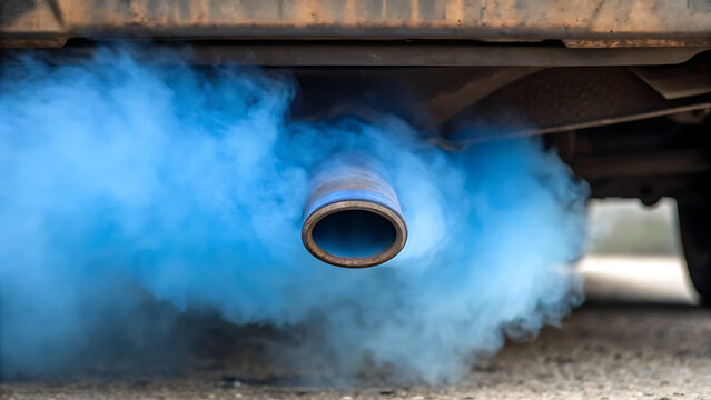 Car exhaust pipe emitting thick blue smoke. Vehicle tailpipe releasing dense emissions during engine start.