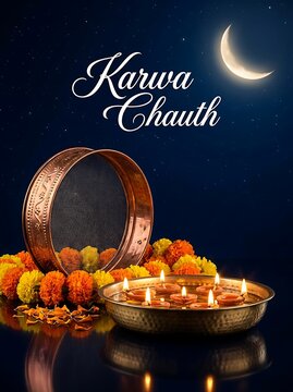Karwa chauth celebration with traditional sieve, marigold flowers and lit diyas