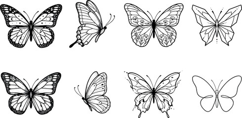 Obraz premium PrintBlack and White Butterfly Vector Icon Set with Detailed Linework, Geometric Shapes, Floral Patterns, and Minimalist Designs for Tattoos, Logos, and Graphic Illustration