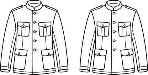 Technical fashion sketch of a mens safari jacket with four pockets and button front closure design © MSTROKSHANA