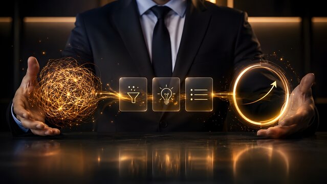 A professional entrepreneur visualizes the journey of business transformation, guiding raw data through innovative ideas and strategic planning towards exponential growth and success.