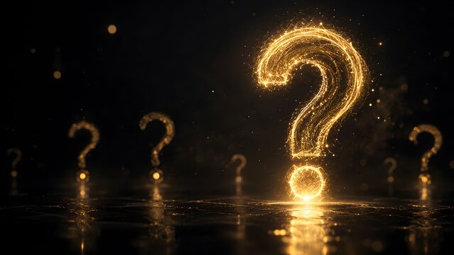 Brilliant golden question mark, full of sparkling particles, illuminating the dark, symbolizing profound inquiry, innovative solutions, and the exciting journey of discovery.