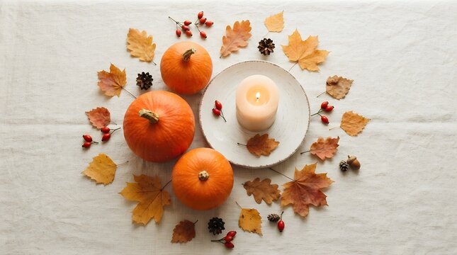 Festive thanksgiving background pumpkins leaves candlelit autumn still life