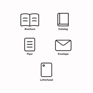 print collateral, Book line vector icons set. catalog, letterhead flyer, Brochure, envelope