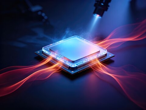 Advanced AI processor chip with glowing data streams and high performance semiconductor architecture, idea for artificial intelligence computing, machine learning, and next generation hardware banner