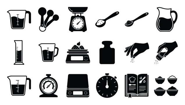 Set of kitchen cooking and baking measurement icons for recipes and culinary content design