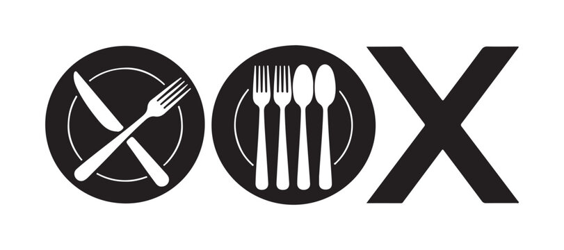 Creative restaurant icons with crossed utensils and double silverware inside plate circles for menu.