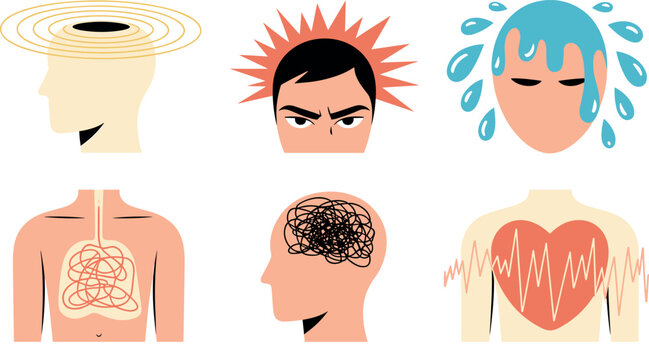 Panic Attack and Physical Anxiety Symptom Concept Set with Dizziness, Anger, Sweating, Chest Tightness, Tangled Thoughts, and Rapid Heartbeat Illustrations
