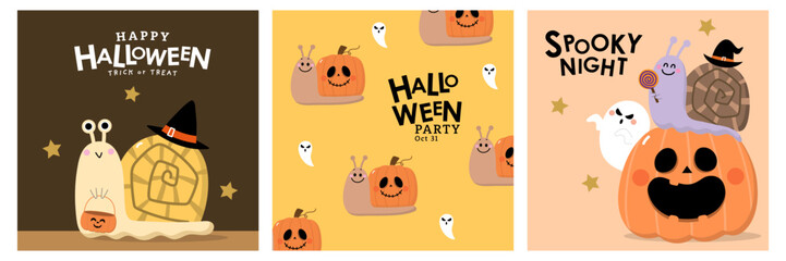 Happy halloween invitation card with cute snail in party costumes, witch hat and spooky pumpkin. Animals holidays cartoon character. -Vector  © Dusida