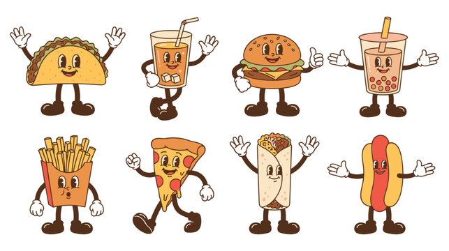 Retro cartoon fast food characters with mascot style and rubber hose.