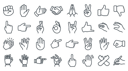 Fototapeta premium Human hand gestures line icons showing diverse signals and movements.