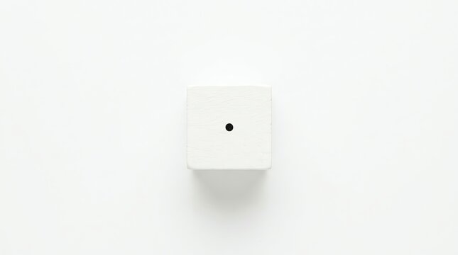 Single white cube with one black dot centered on a white background