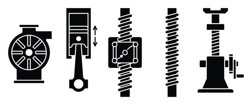Set of mechanical engineering icons representing motion conversion and machine components for industrial diagrams