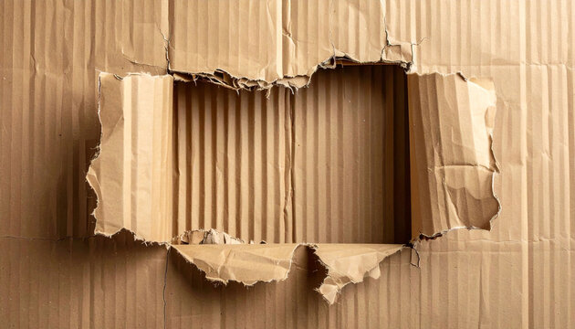 A close-up view of a piece of brown corrugated cardboard with a large, irregularly torn hole in the center, revealing its inner structure.