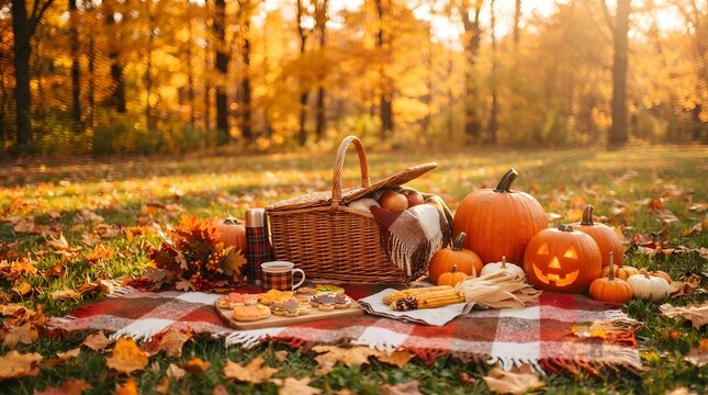 Festive thanksgiving background autumn picnic with pumpkins and treats