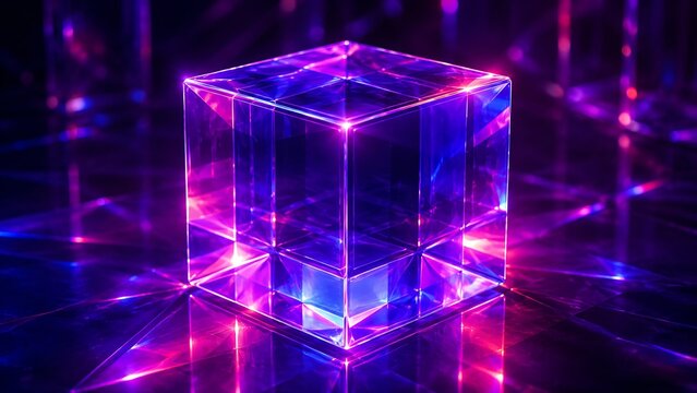 A transparent geometric cube glows with vibrant purple and pink reflections, representing innovation, precision, modern design, clarity, and futuristic creativity.