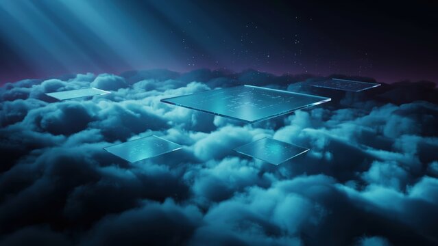 Futuristic glass platforms floating above thick blue clouds in space