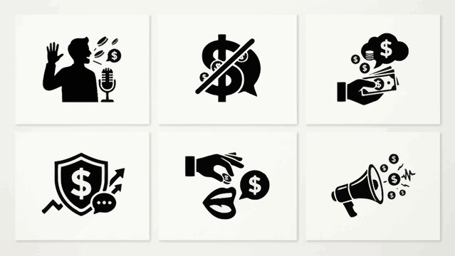Set of modern black money talk logo designs featuring dollar symbols, speech bubbles, coins, cash, and communication icons. Minimal vector-style branding concepts ideal for finance, business, investme