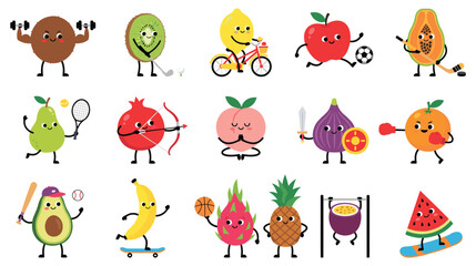 Obraz premium Set of healthy food characters doing sport and fitness vector illustration.