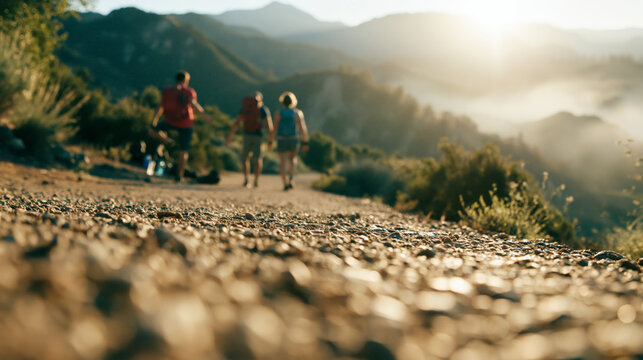 Low Angle Mountain Trail with Blurred Hikers and Golden Sunrise over Misty Valley for Summer Adventure and Wellness Marketing
