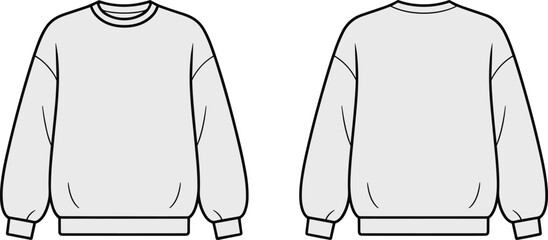 Front and back view of a blank grey sweatshirt flat sketch for fashion design and apparel mockups © MSTROKSHANA