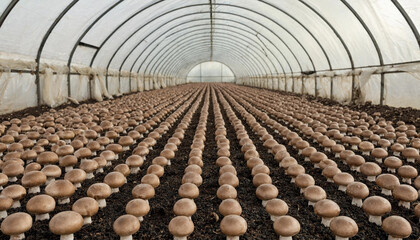 Fototapeta premium A long view inside a large greenhouse tunnel filled with rows of brown mushrooms growing in the soil, stretching into the distance under plastic