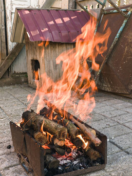 Outdoor Fireplace Grill with Burning Firewood Logs and Bright Orange Flames