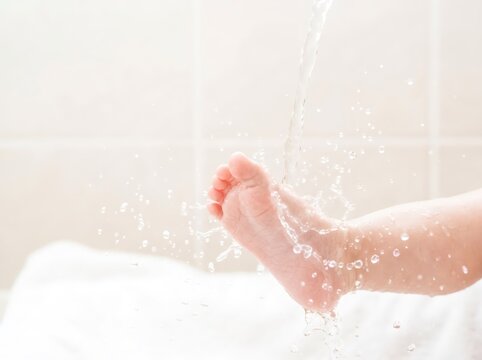 Baby foot under running water in bathtub. Cute infant leg having bath time. Newborn hygiene and water splash play. Soft childhood moment, daily care and gentle skin cleansing concept.